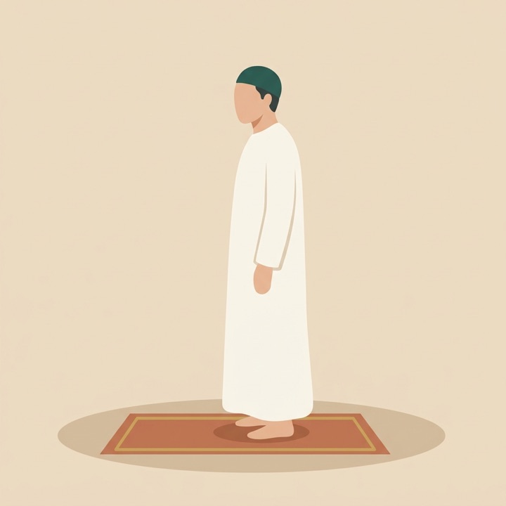 Ilustrasi posisi Persiapan: Berdiri Menghadap Kiblat & Niat dalam sholat